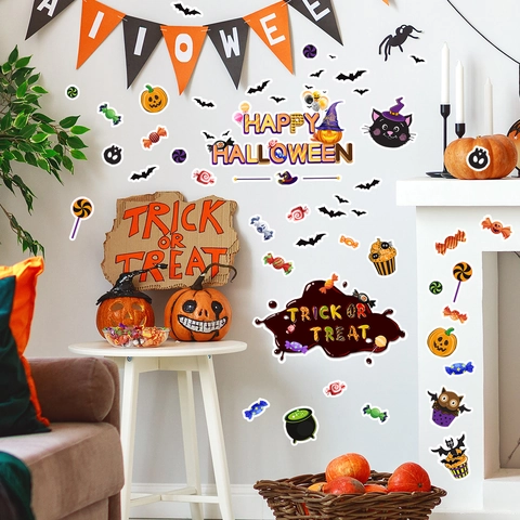 Halloween Wall Stickers Pumpkin Bat Ghost Cartoon PVC Removable Decals For Party Home Decor Festive DIY Decor