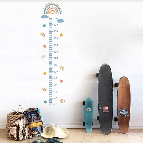 Stickers Muraux Tableau Croissance Enfants Arc-En-Ciel Nuages PVC Règle Décor Chambre Bébé Style Bohème Amovible