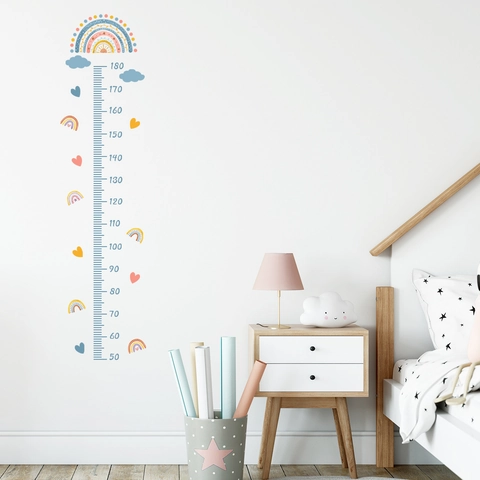 Stickers Muraux Tableau Croissance Enfants Arc-En-Ciel Nuages PVC Règle Décor Chambre Bébé Style Bohème Amovible