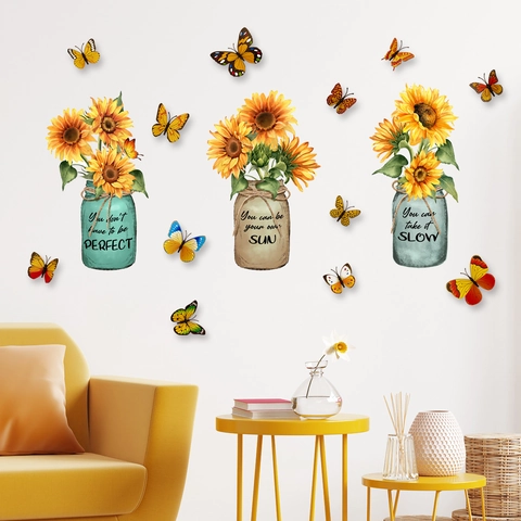Stickers Muraux Tournesol Papillon PVC Aquarelle Fleurs Citations Inspirantes Décoration Maison Pour Salon Et Chambre