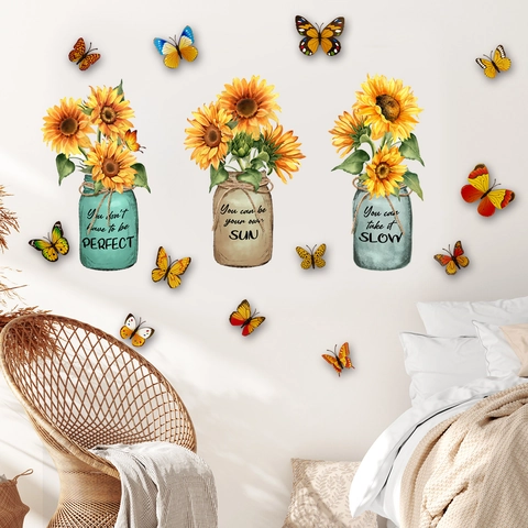 Stickers Muraux Tournesol Papillon PVC Aquarelle Fleurs Citations Inspirantes Décoration Maison Pour Salon Et Chambre