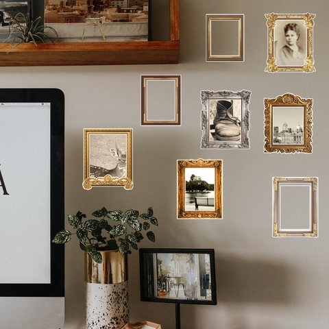 Vintage Baroque Photo Frame Wall Stickers PVC Self Adhesive Gold Silver Bronze Frame Decal For Home Living Room Bedroom