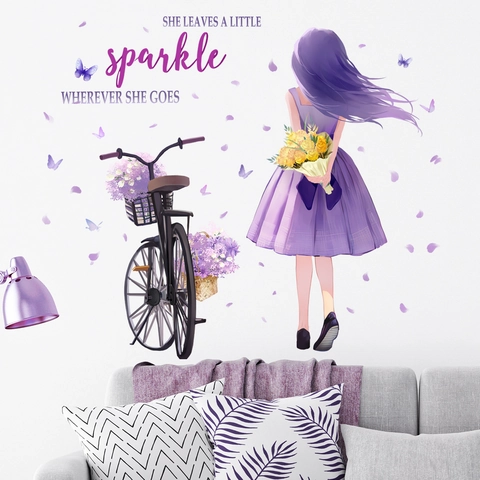 Purple Girl On Bicycle Wall Stickers PVC Removable Decals With Butterflies And Inspirational Quote For Home Decor