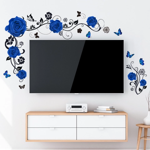 Blauwe Roos Bloemenrank Vlinder Muurstickers PVC Zelfklevend Verwijderbaar Muurschildering Voor Woonkamer Slaapkamer Decoratie