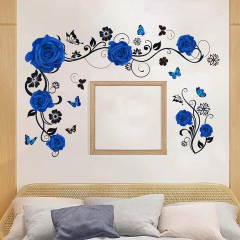 Blauwe Roos Bloemenrank Vlinder Muurstickers PVC Zelfklevend Verwijderbaar Muurschildering Voor Woonkamer Slaapkamer Decoratie