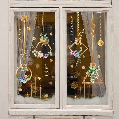 Adesivi Per Finestre Floreali Cornice Geometrica Oro PVC Statico Decalcomanie Vetro Decorazione Inverno Casa Moderno Arte