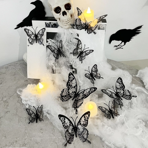 Pegatinas de Pared de Mariposa 3D de PVC Con Patrón de Calavera Gótica Hueca DIY Decoración del Hogar para Halloween Sala de Estar Dormitorio