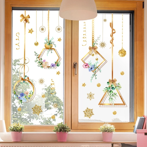 Adesivi Per Finestre Floreali Cornice Geometrica Oro PVC Statico Decalcomanie Vetro Decorazione Inverno Casa Moderno Arte