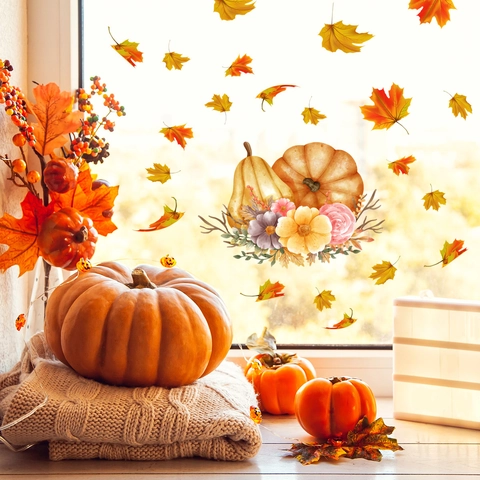Autumn Window Clings Pumpkin Maple Leaf Sunflower PVC Static Stickers Thanksgiving Harvest Home Glass Decor Removable