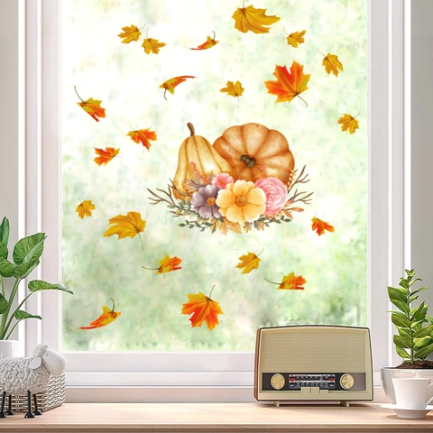 Autumn Window Clings Pumpkin Maple Leaf Sunflower PVC Static Stickers Thanksgiving Harvest Home Glass Decor Removable