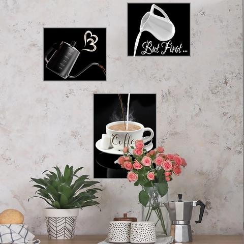 Coffee Theme Wall Stickers PVC Removable Decals But First Coffee Art For Kitchen Cafe Dining Room Modern Black White