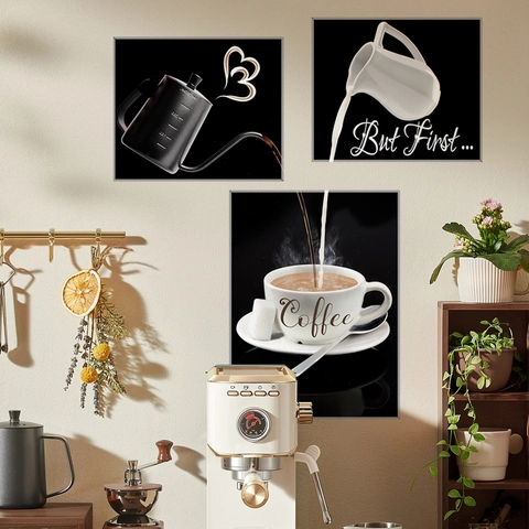 Coffee Theme Wall Stickers PVC Removable Decals But First Coffee Art For Kitchen Cafe Dining Room Modern Black White