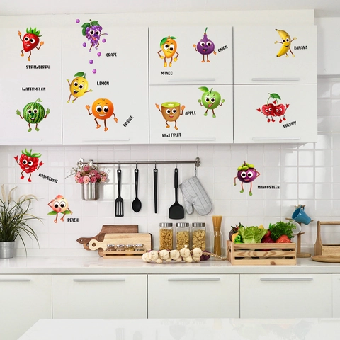 Cartoon Fruit Vegetables Wall Stickers PVC Waterproof Decals For Kitchen Kids Room Home Decor