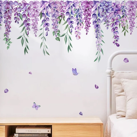 Autocollants Muraux Fleurs Glycine Violette Aquarelle PVC Amovible Décalcomanie Pour Chambre Salon Pépinière Décoration DIY