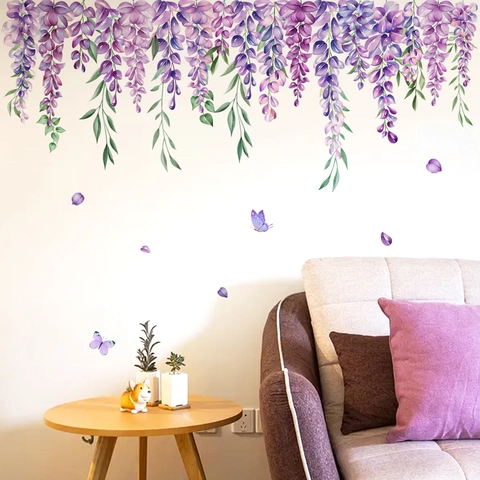 Autocollants Muraux Fleurs Glycine Violette Aquarelle PVC Amovible Décalcomanie Pour Chambre Salon Pépinière Décoration DIY