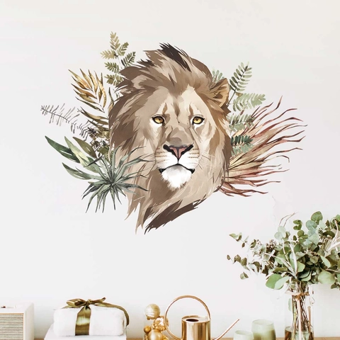 Lion Head Wall Sticker PVC Self Adhesive Tropical Leaf Decal Artistic Watercolor For Living Room Nursery Home Decor