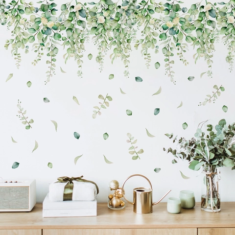 Watercolor Green Plant Vine Leaves Wall Stickers PVC Self Adhesive Eucalyptus Floral Decals Living Room Home Decor
