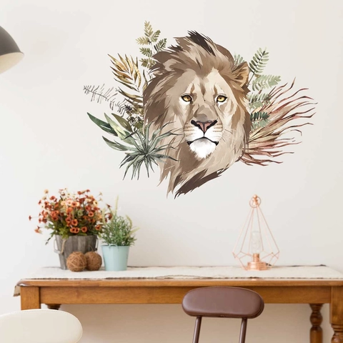 Lion Head Wall Sticker PVC Self Adhesive Tropical Leaf Decal Artistic Watercolor For Living Room Nursery Home Decor