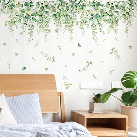 Watercolor Green Plant Vine Leaves Wall Stickers PVC Self Adhesive Eucalyptus Floral Decals Living Room Home Decor