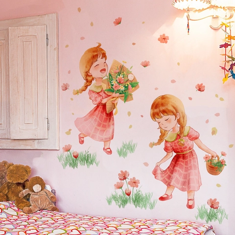 Wall Stickers Watercolor Floral Cartoon Girls PVC Self Adhesive Decals For Kids Room Bedroom Home Decor