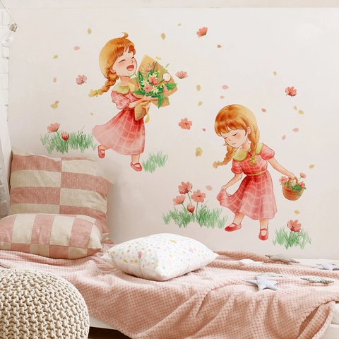 Wall Stickers Watercolor Floral Cartoon Girls PVC Self Adhesive Decals For Kids Room Bedroom Home Decor