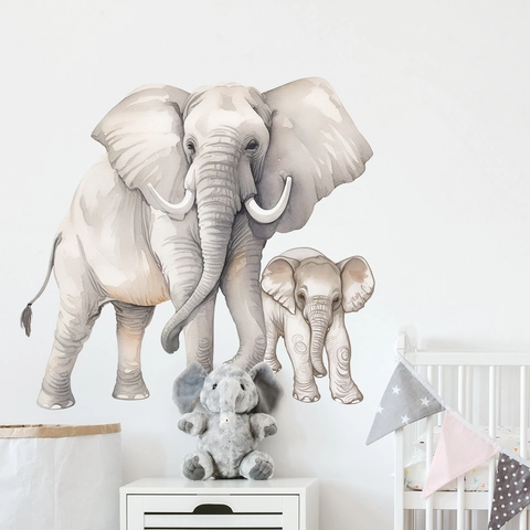Sticker Mural Éléphant Parent Et Enfant Aquarelle PVC Autocollant Décoration Chambre Bébé Peint À La Main