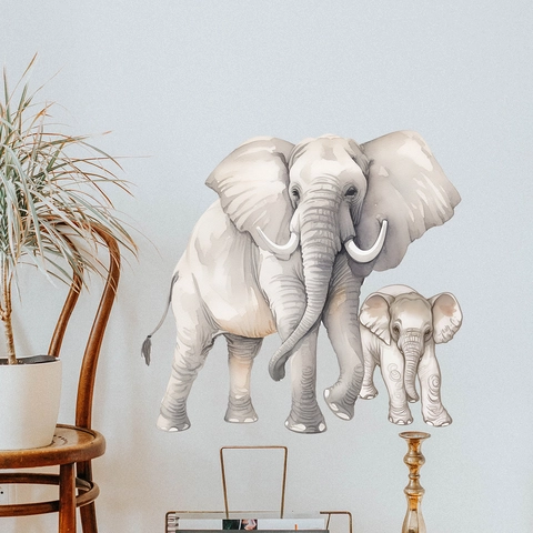 Sticker Mural Éléphant Parent Et Enfant Aquarelle PVC Autocollant Décoration Chambre Bébé Peint À La Main