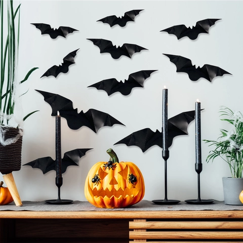 Adesivi Murali Halloween Pipistrello 3D Laser Nero Iridescente Plastica Decorazione Festa Casa Gotico