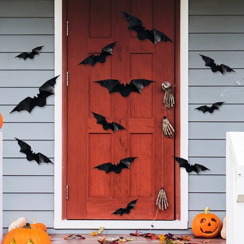 Adesivi Murali Halloween Pipistrello 3D Laser Nero Iridescente Plastica Decorazione Festa Casa Gotico