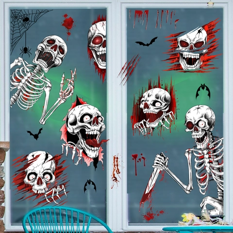 Halloween Window Clings Static Cling PVC Blood Handprint Skeleton Bats Spiders Scary Festive Home Party Decorations