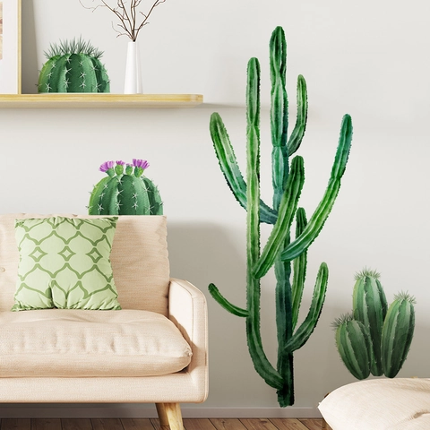 Cactus Wall Stickers PVC Waterproof Self Adhesive Watercolor Green Plant Decals For Living Room Bedroom Decoration