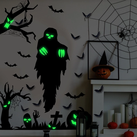 Halloween Luminous Wall Stickers Glow In The Dark PVC Ghost Bat Pumpkin Decals Haunted House Party Home Decoration