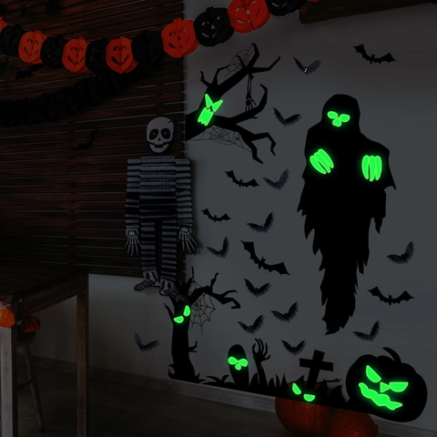 Halloween Luminous Wall Stickers Glow In The Dark PVC Ghost Bat Pumpkin Decals Haunted House Party Home Decoration