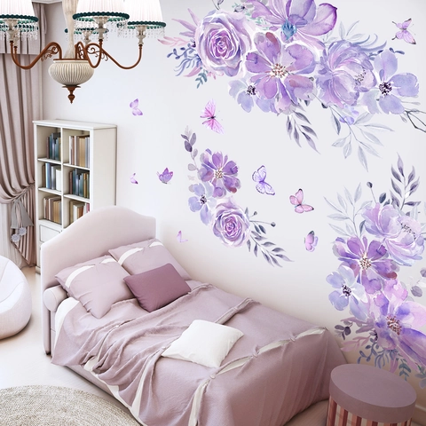 Adesivi Murali Fiori Viola Farfalle PVC Acquerello Decalcomanie Autoadesivi Per Soggiorno Camera Da Letto Decorazione