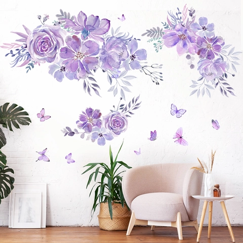 Adesivi Murali Fiori Viola Farfalle PVC Acquerello Decalcomanie Autoadesivi Per Soggiorno Camera Da Letto Decorazione