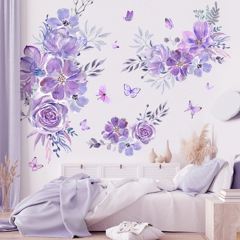 Große Purpurne Blumen Schmetterling Wandaufkleber Aquarell Rose Pfingstrose PVC Selbstklebende Deko Aufkleber Für Wohnzimmer