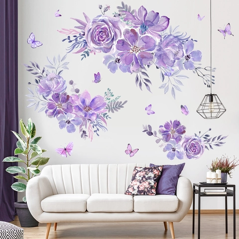 Große Purpurne Blumen Schmetterling Wandaufkleber Aquarell Rose Pfingstrose PVC Selbstklebende Deko Aufkleber Für Wohnzimmer
