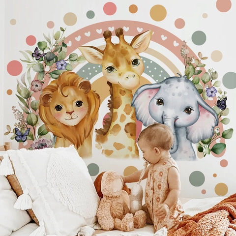 Cartoon Dieren Leeuw Giraf Olifant Regenboog Muurstickers Verwijderbare PVC Aquarell Stippen Decals Voor Kinderkamer
