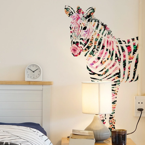 Sticker Mural Zèbre Floral Créatif Décalcomanie en PVC Amovible Pour Salon Chambre Silhouette d'Animal Artistique Décoration de Maison Murale
