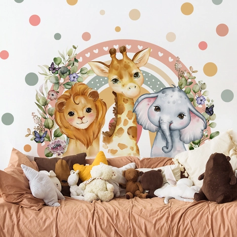Autocollants Muraux Animaux Dessins Animés PVC Aquarelle Lion Éléphant Arc-En-Ciel Pour Chambre D'Enfants Décoration Maison