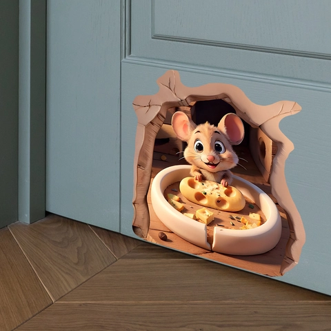 Sticker Mural 3D Trou De Souris Dessin Animé Souris Fromage PVC Décalcomanie Imperméable Pour Plinthe Coin Maison