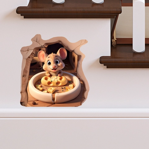Sticker Mural 3D Trou De Souris Dessin Animé Souris Fromage PVC Décalcomanie Imperméable Pour Plinthe Coin Maison