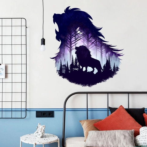 Leeuwenkop Silhouet Muursticker Waterdicht PVC Dubbele Belichting Sterrenbos Nacht Kunst Muurschildering Voor Slaapkamer