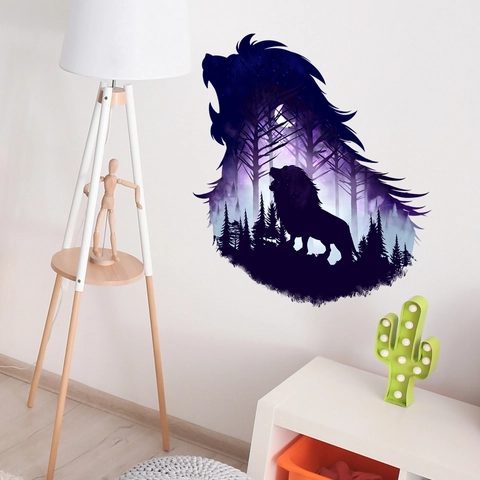 Leeuwenkop Silhouet Muursticker Waterdicht PVC Dubbele Belichting Sterrenbos Nacht Kunst Muurschildering Voor Slaapkamer