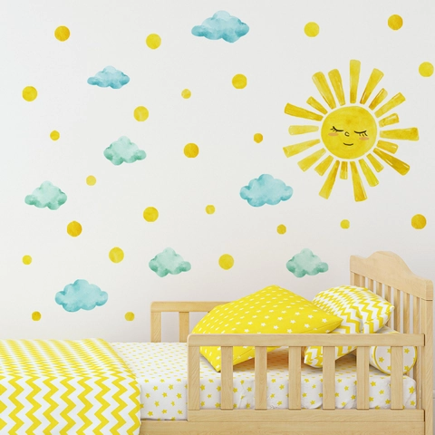 Wall Stickers Watercolor Sun Clouds Dots PVC Decals For Kids Room Nursery Bedroom Cartoon Nordic Style DIY Decor