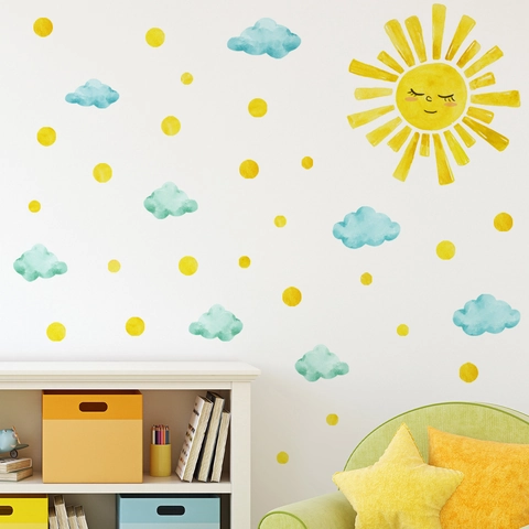 Wall Stickers Watercolor Sun Clouds Dots PVC Decals For Kids Room Nursery Bedroom Cartoon Nordic Style DIY Decor