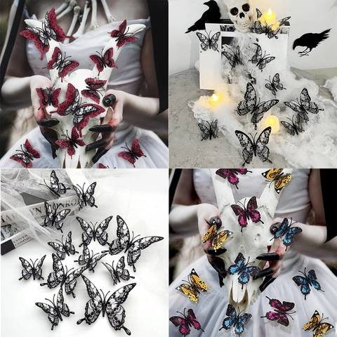 Gothic 3D Butterfly Wall Stickers PVC Skull Rose Patterns Halloween Party Decorative Accessories For Home Living Room