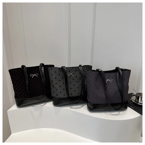 Borsa Tote da Donna in Tela e Pelle PU Stile Preppy Con Ricamo a Cuore e Fiocco Grande Capacità Borsa a Spalla per Scuola Quotidiana