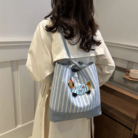 Damen Canvas Tote Bag Cartoon Hund Bestickung PU Leder Patchwork Große Kapazität Schultertasche Umhängetasche Gingham Gestreift