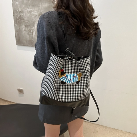 Damen Canvas Tote Bag Cartoon Hund Bestickung PU Leder Patchwork Große Kapazität Schultertasche Umhängetasche Gingham Gestreift